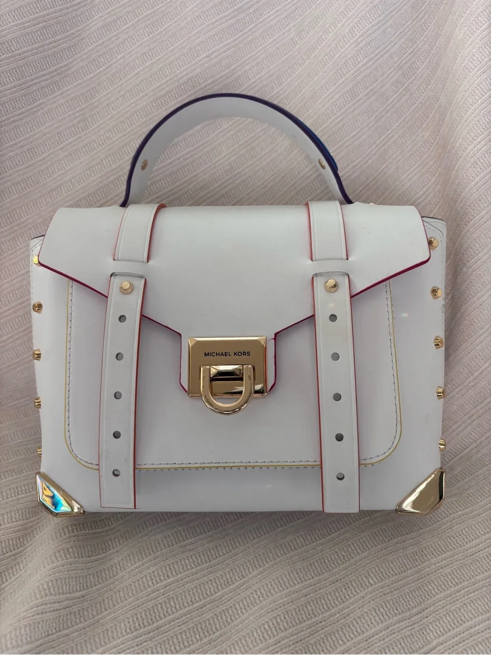 Michael Kors White Leather Top-Handle Satchel with Gold Hardware